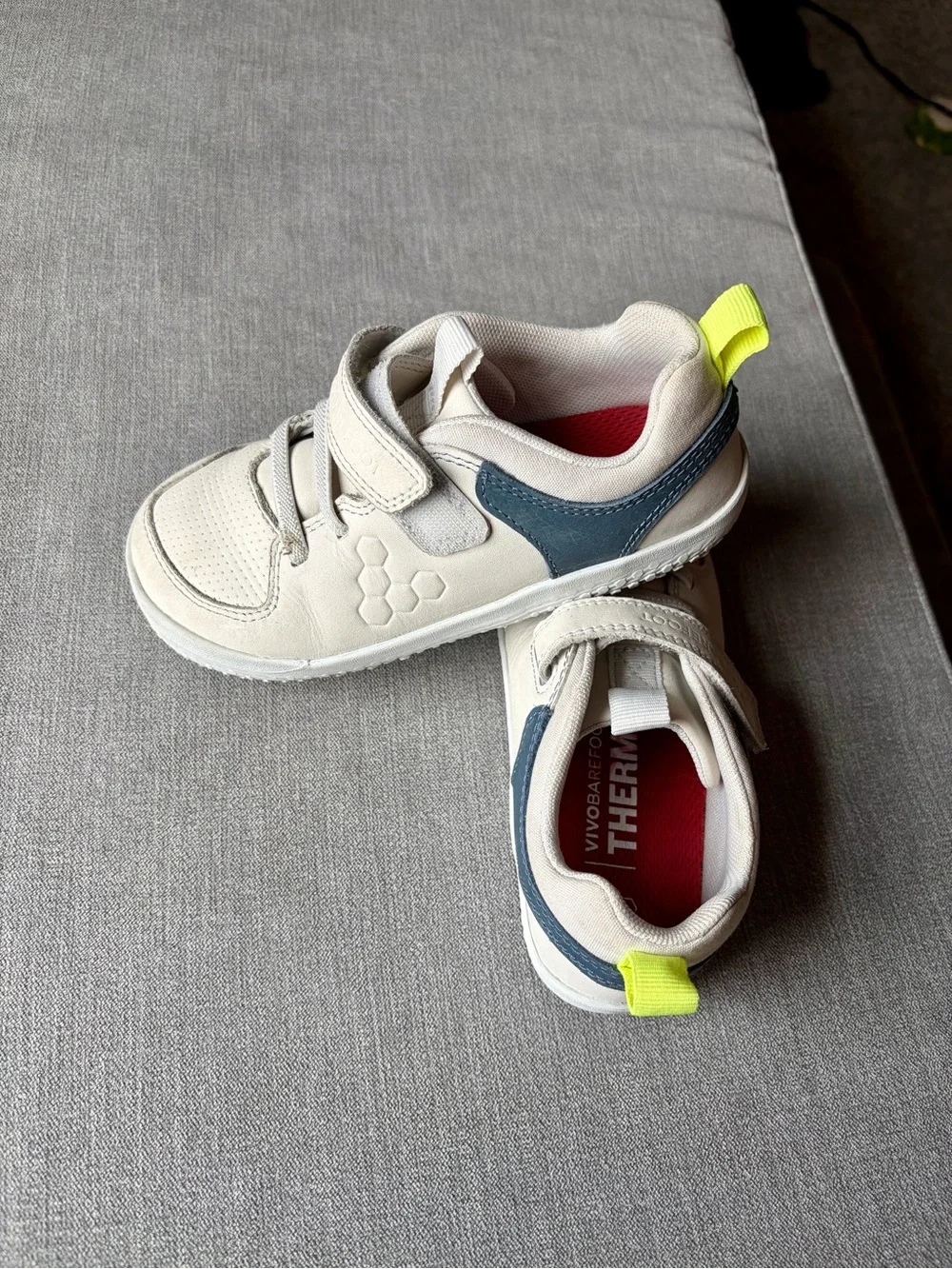 Vivo barefoot Kids White Sneakers with Navy Accents and Neon Yellow Pull Tab